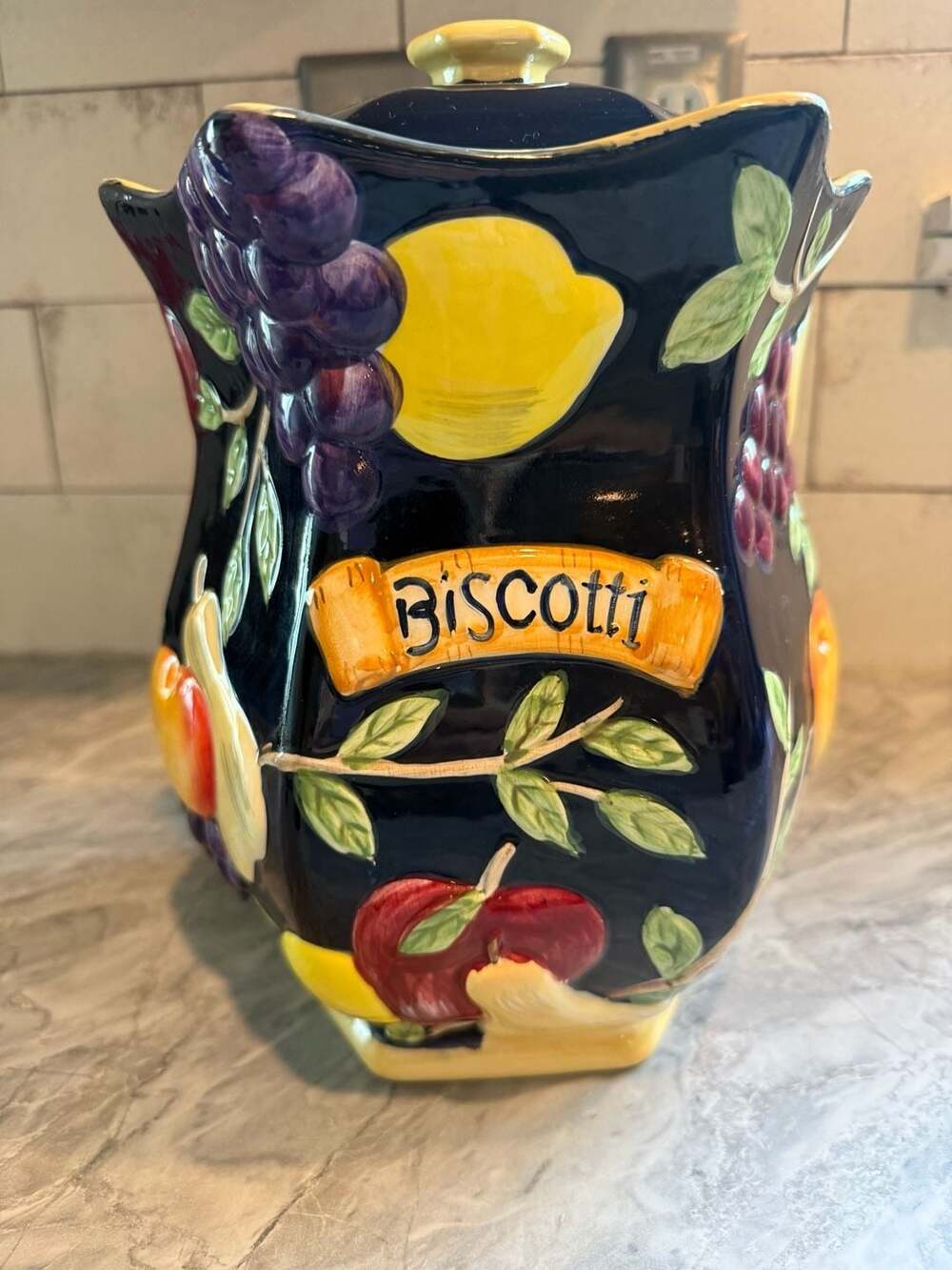 Vintage Hand Painted For Nonni's Dark Blue Fruit Biscotti Cookie Jar Canister